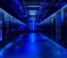 Data centre server room with blue LED lighting and power distribution units