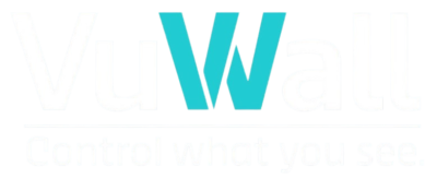 VuWall logo with Control what you see tagline, white version for dark backgrounds