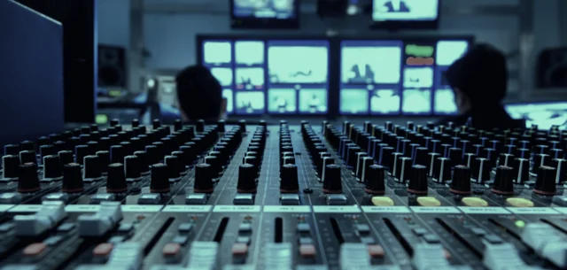Broadcast control room with a mixing console and video wall