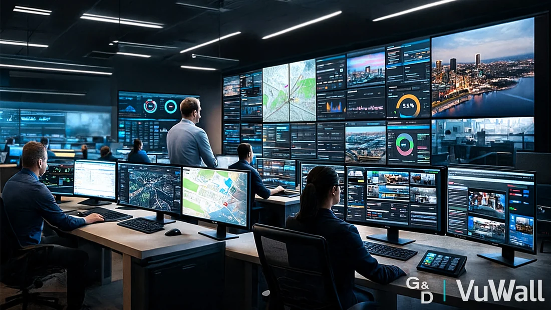 Command centre with operator desks and a large video wall, integrating G&D KVM and VuWall video wall control