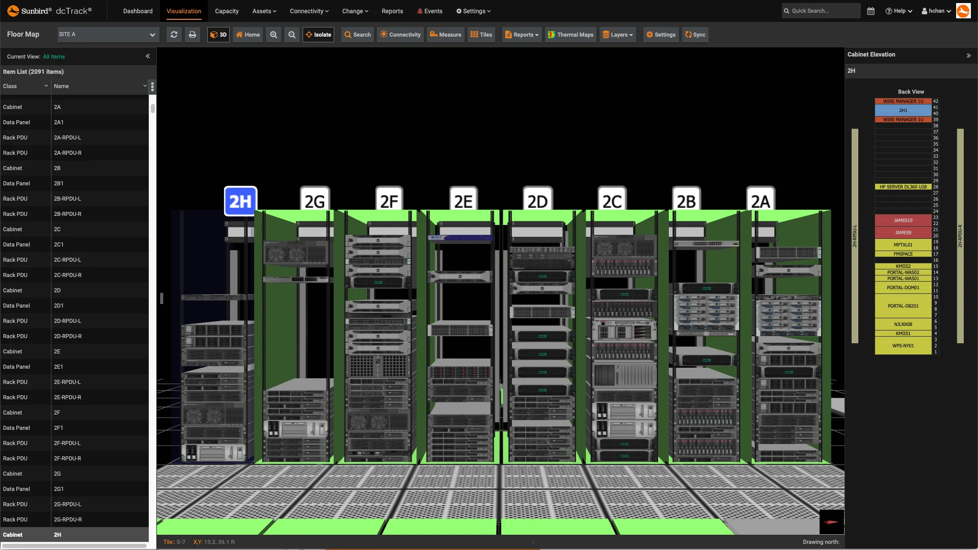 Sunbird dcTrack 3D cabinet elevations showing rack contents and status